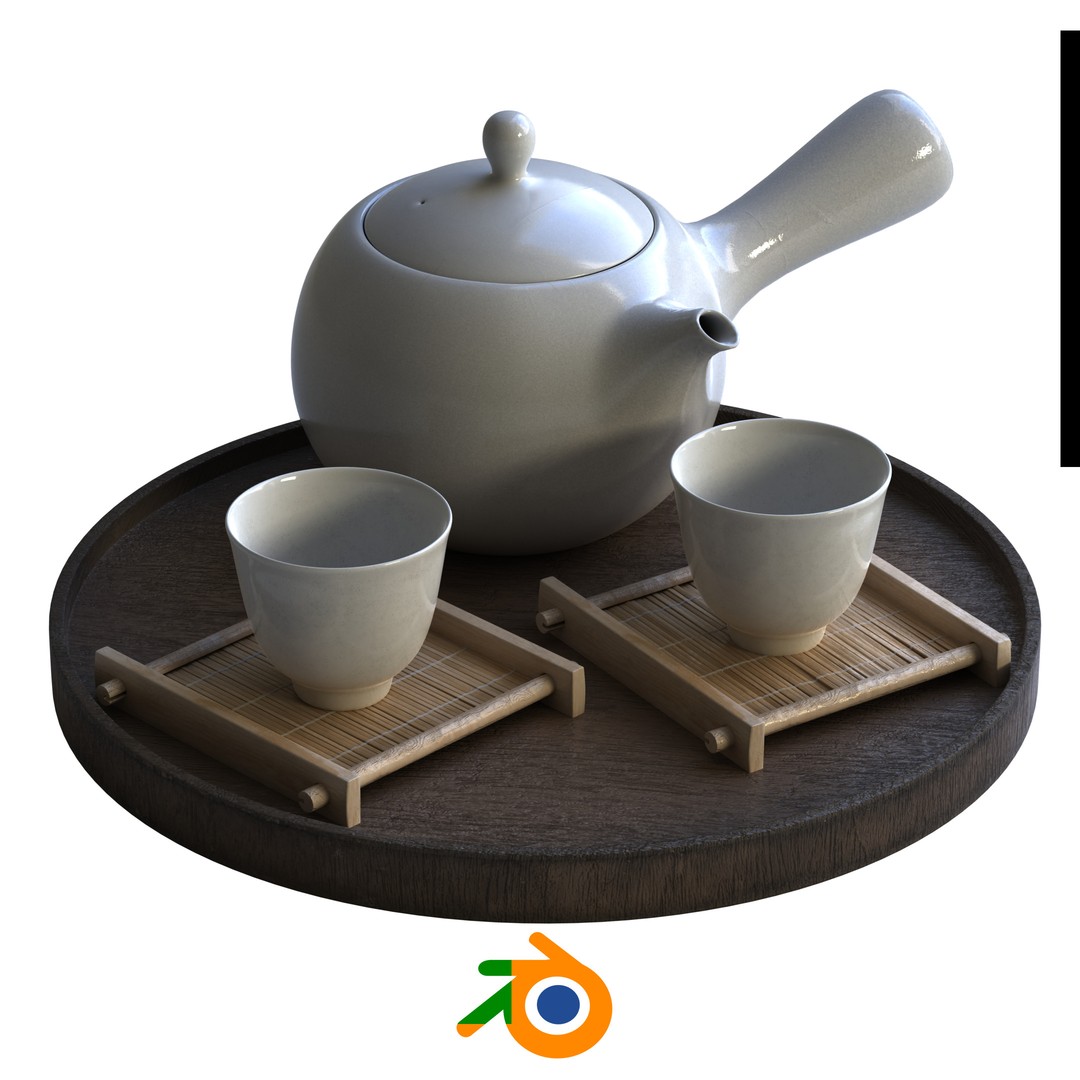 Elegant White Tea Set 3D Model – Minimalist Design with Bamboo Coasters - View 3