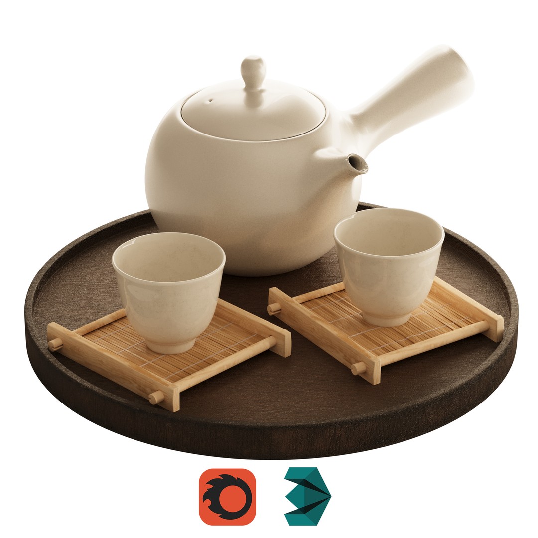 Elegant White Tea Set 3D Model – Minimalist Design with Bamboo Coasters - View 4