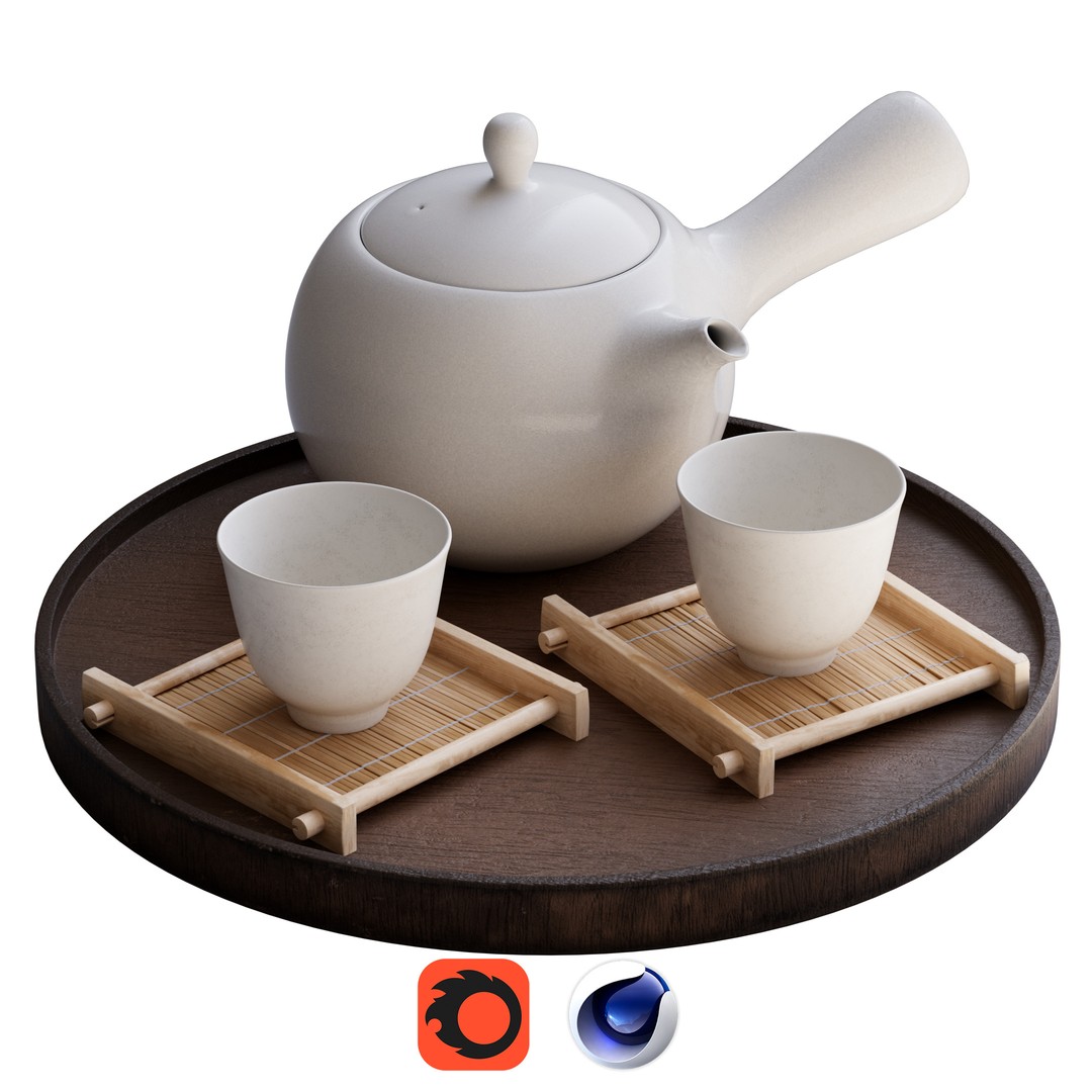 Elegant White Tea Set 3D Model – Minimalist Design with Bamboo Coasters - View 5
