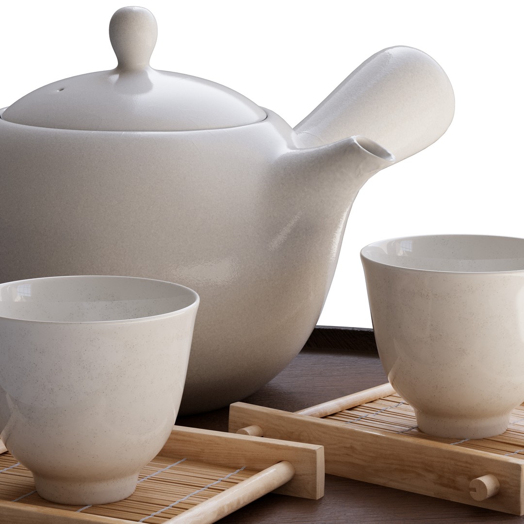Elegant White Tea Set 3D Model – Minimalist Design with Bamboo Coasters - View 6