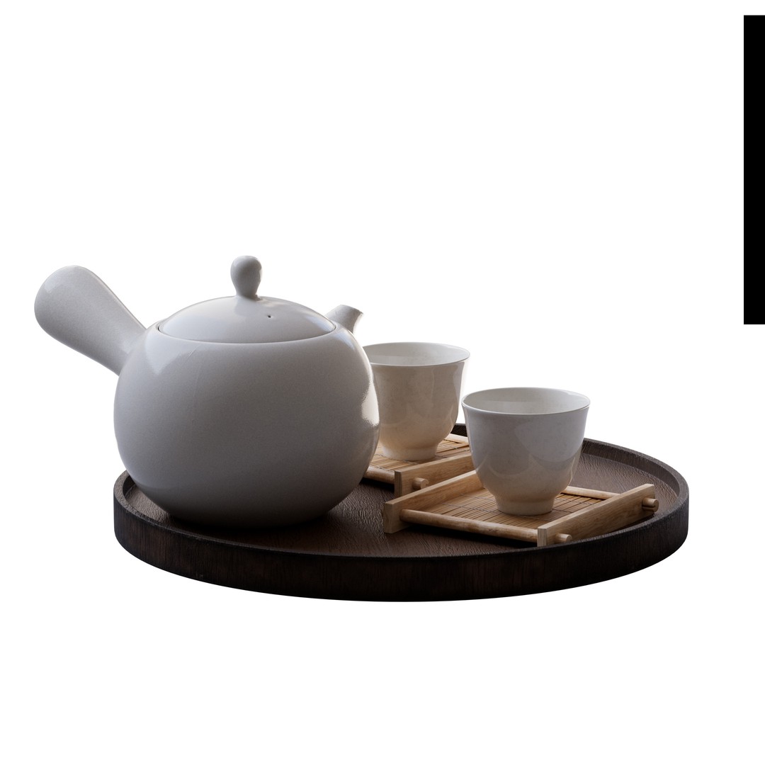 Elegant White Tea Set 3D Model – Minimalist Design with Bamboo Coasters - View 7