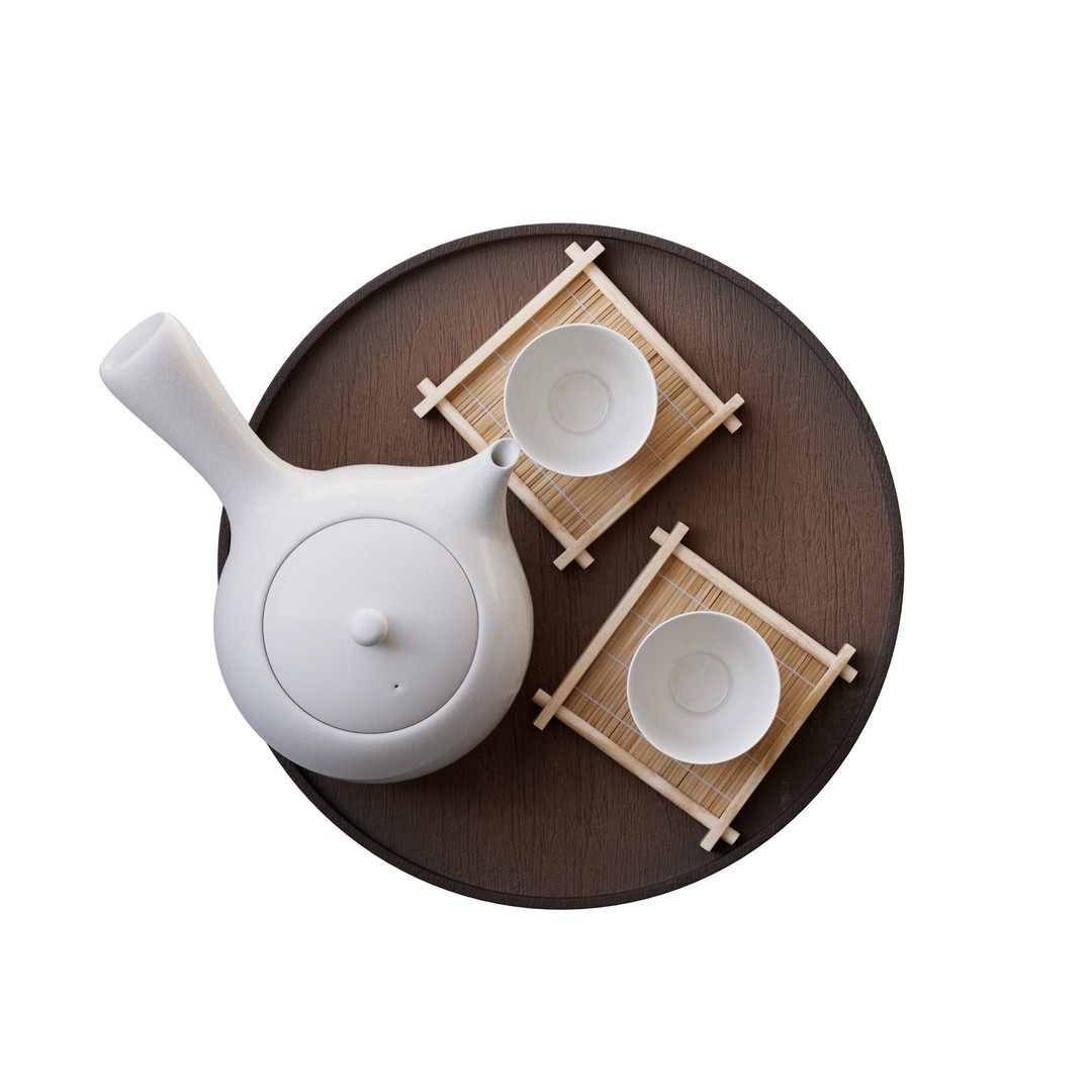 Elegant White Tea Set 3D Model – Minimalist Design with Bamboo Coasters - View 8