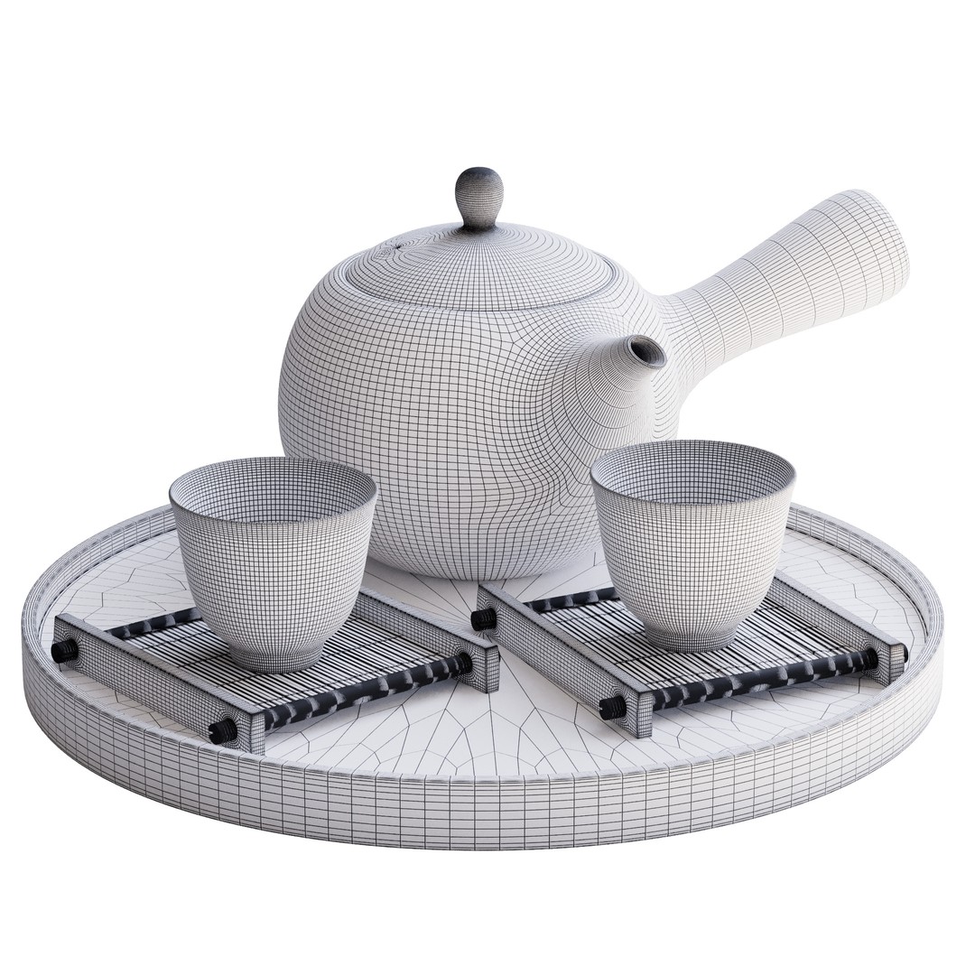 Elegant White Tea Set 3D Model – Minimalist Design with Bamboo Coasters - View 9
