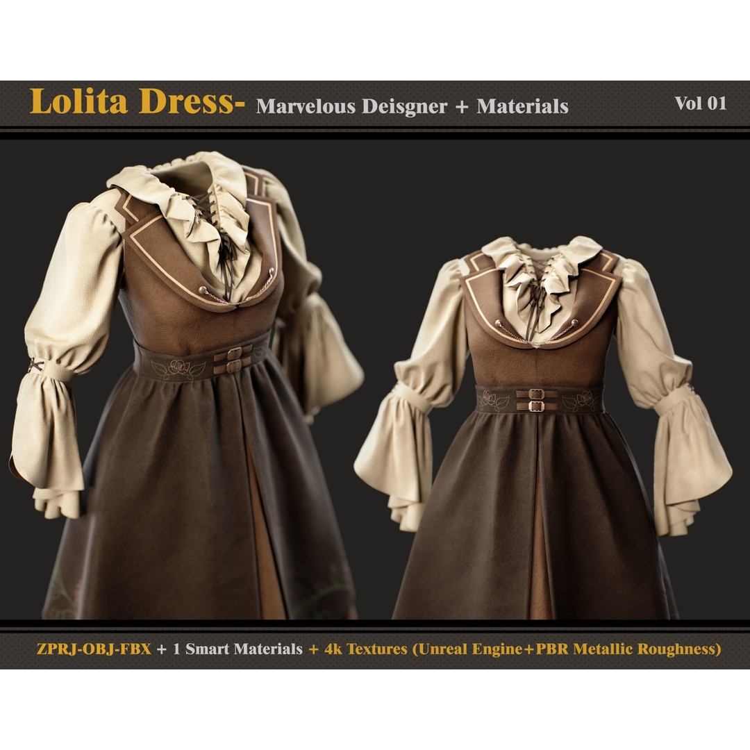 Lolita Dress 3D Model – Smart Material Textures, FBX & OBJ - View 4