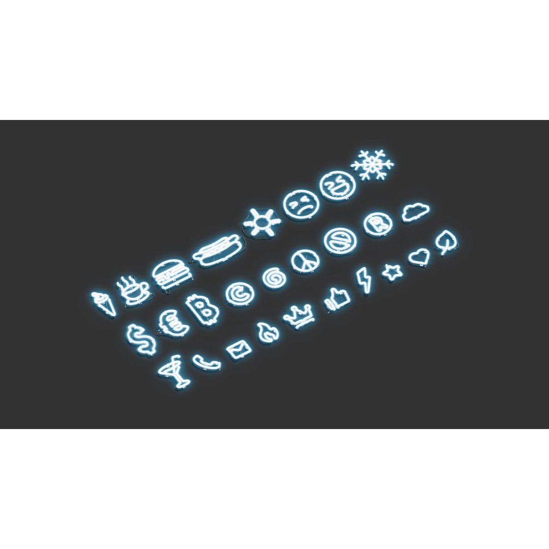 Blue Neon Symbols 3D Model – Illuminated LED Sign, PBR, FBX, OBJ - View 3