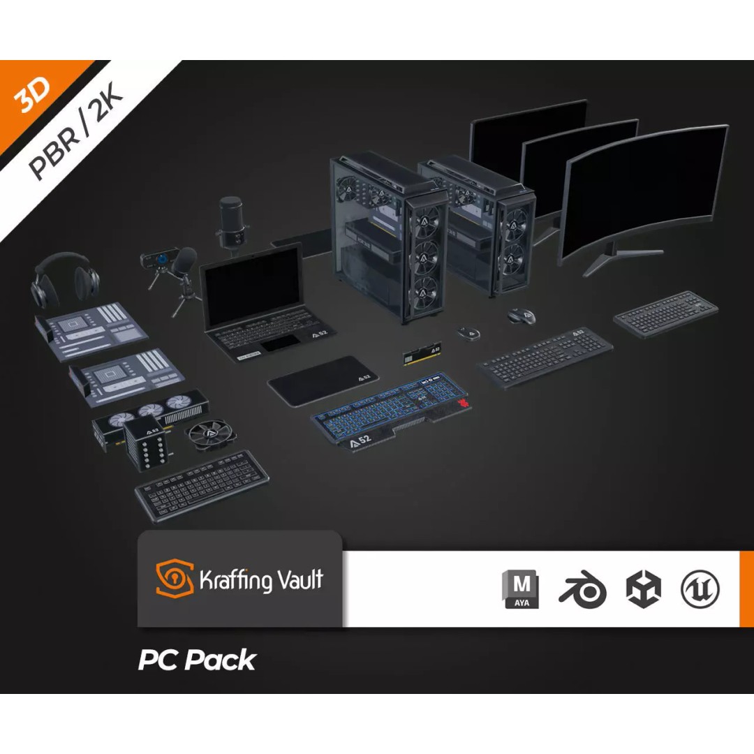 PC Pack 3D Model – Low Poly Game Asset, PBR Textures, FBX, OBJ - View 2