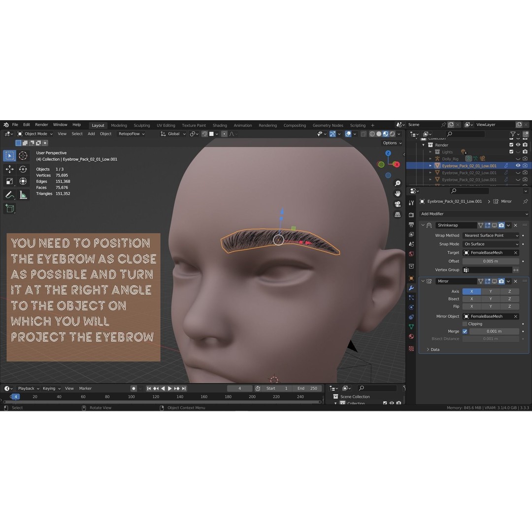Eyebrow Pack 3D Model – Low Poly Hair Grooming Asset, Blender, Maya - View 12