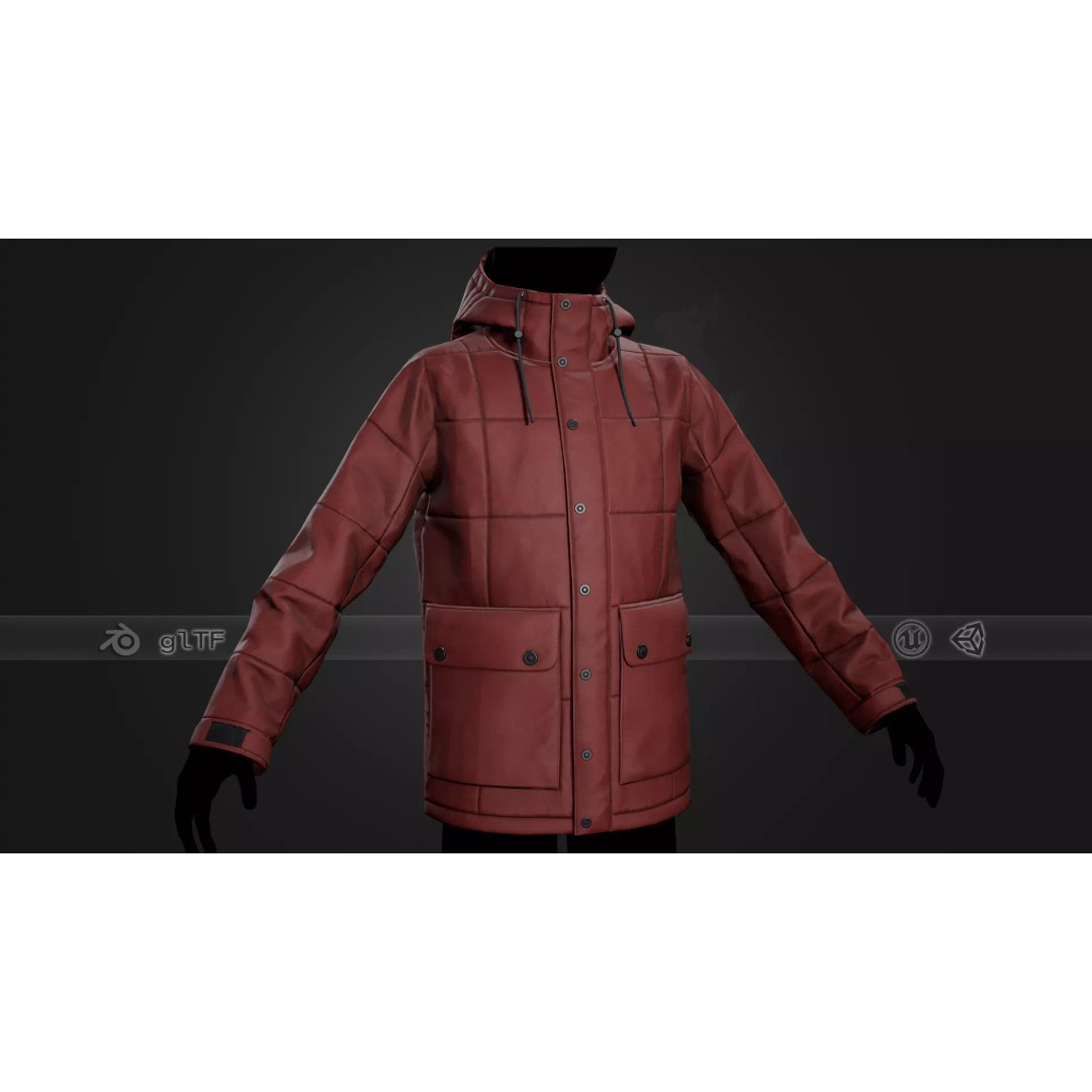 Red Winter Jacket 3D Model – Low Poly PBR Game Asset, FBX, OBJ - View 2