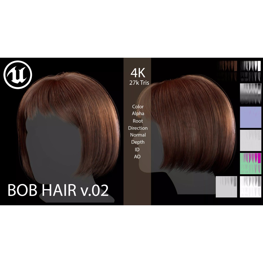 Bob Female Hair 3D Model – Low Poly Game Asset, FBX, PBR - View 2