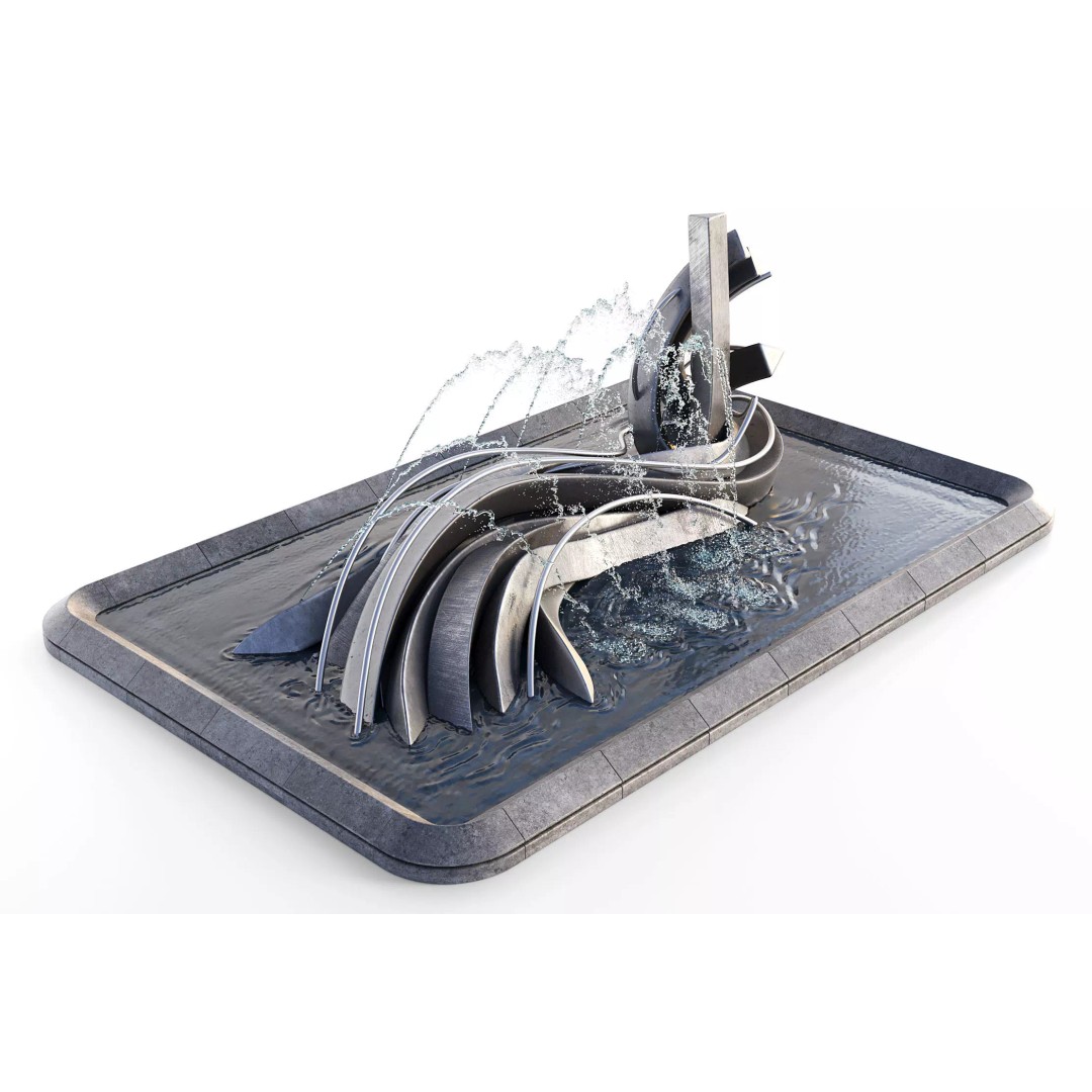 Pond with Metallic Sculpture 3D Model – Architectural Garden Asset, FBX, OBJ - View 2