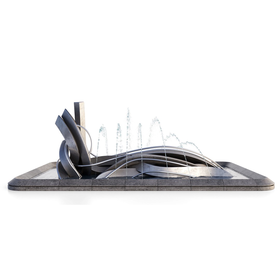 Pond with Metallic Sculpture 3D Model – Architectural Garden Asset, FBX, OBJ - View 3