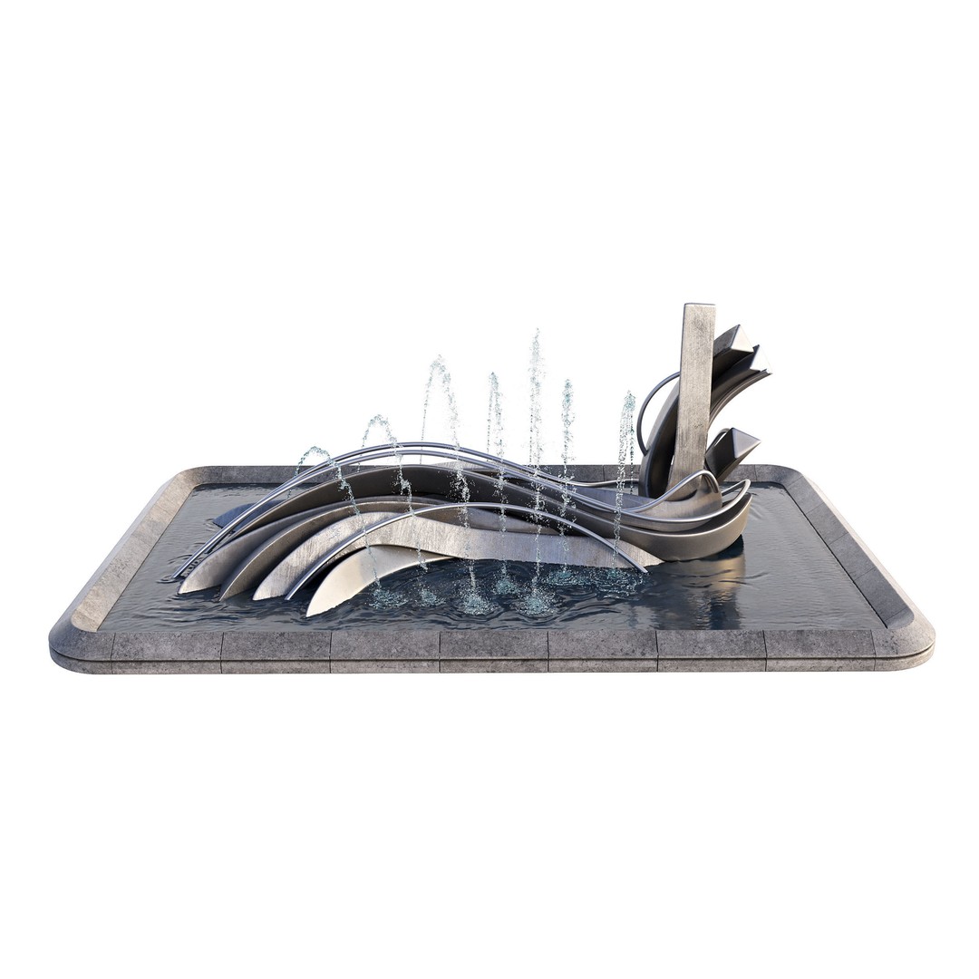 Pond with Metallic Sculpture 3D Model – Architectural Garden Asset, FBX, OBJ - View 4
