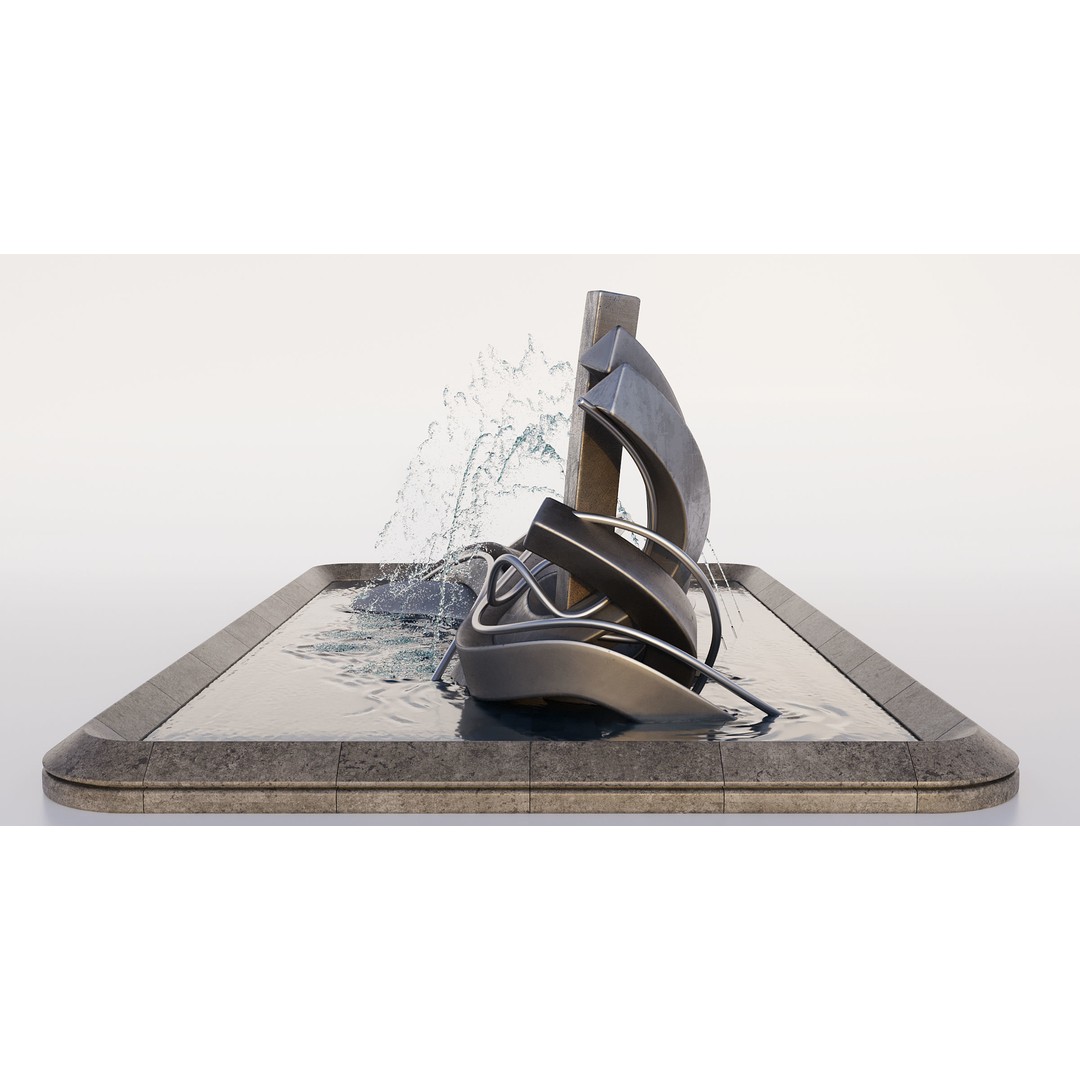 Pond with Metallic Sculpture 3D Model – Architectural Garden Asset, FBX, OBJ - View 5