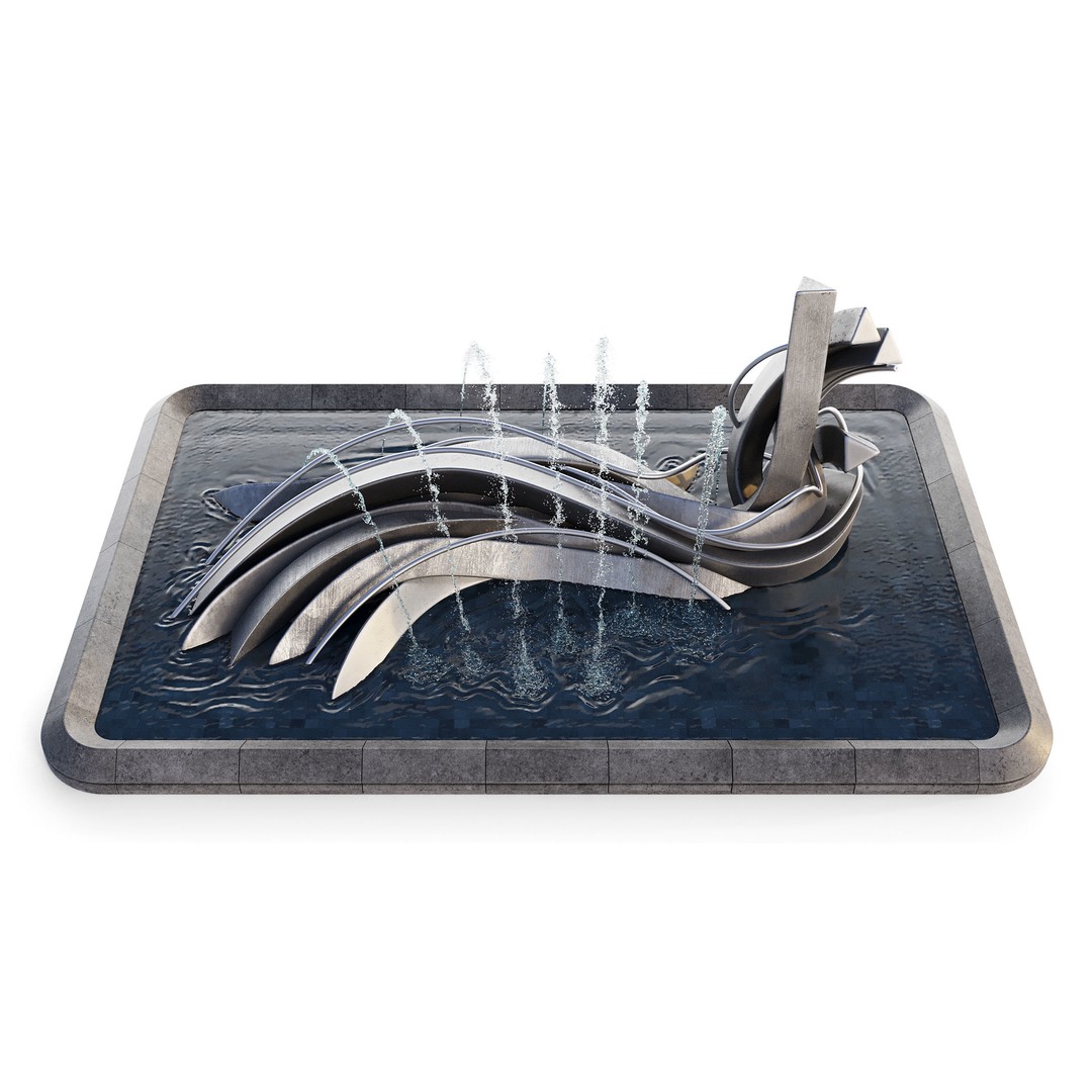 Pond with Metallic Sculpture 3D Model – Architectural Garden Asset, FBX, OBJ - View 8