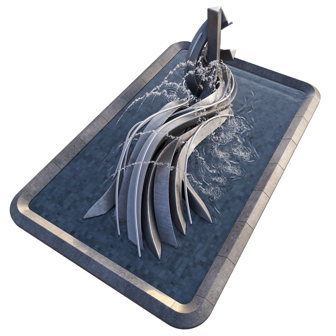 Pond with Metallic Sculpture 3D Model – Architectural Garden Asset, FBX, OBJ - View 9