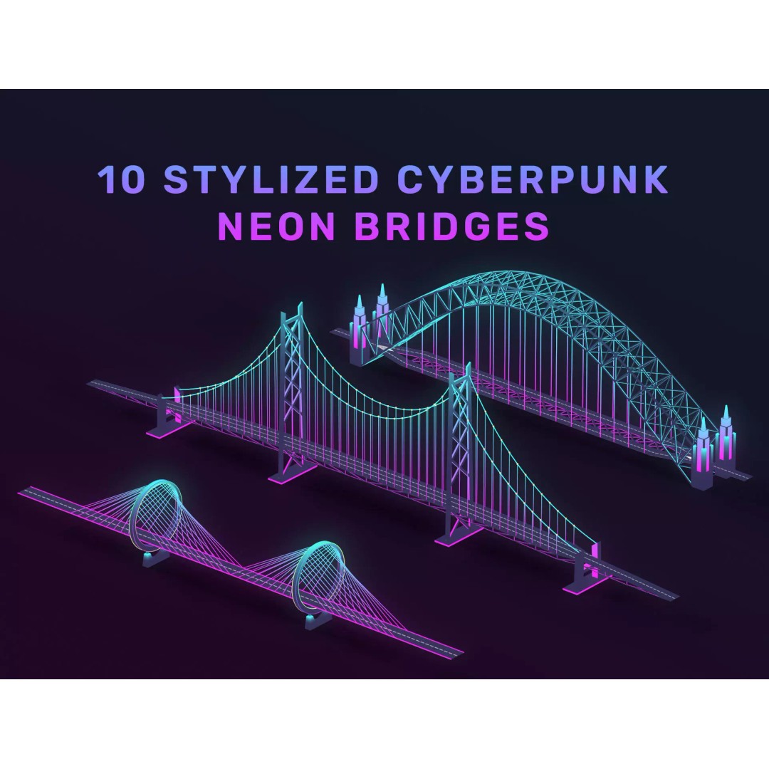 Neon Bridges 3D Model – Low Poly Architectural Asset, FBX - View 2