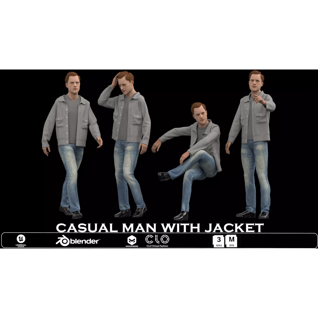 Casual Man 3D Model – Low Poly Character with Jacket, FBX, OBJ - View 2
