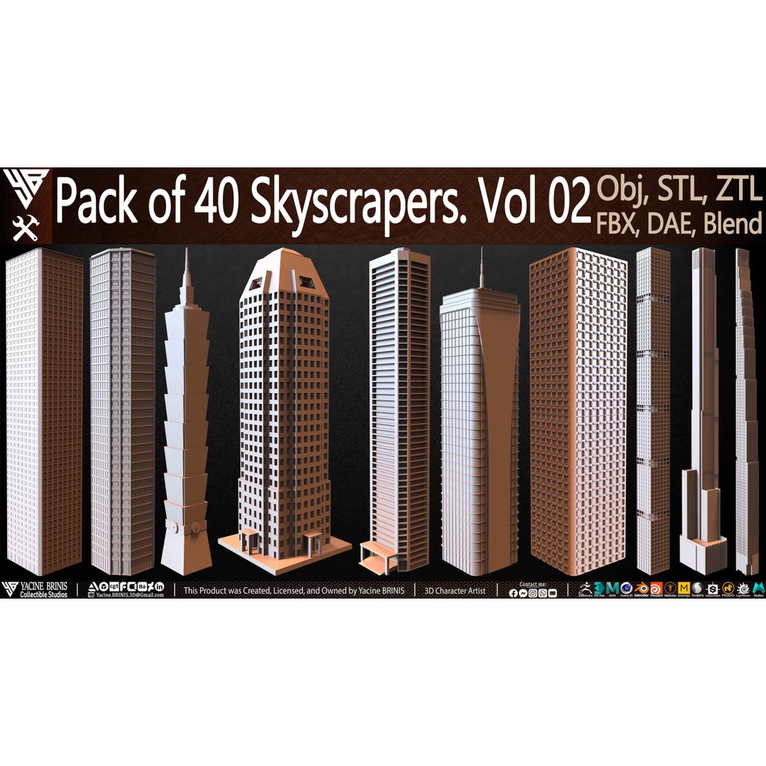 Pack of 40 Skyscrapers 3D Model – Low Poly Cityscape Asset, Blender, OBJ