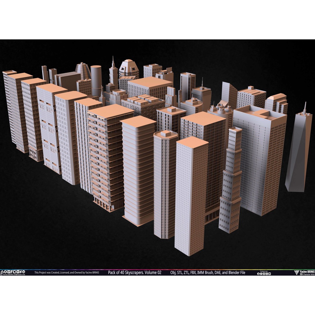 Pack of 40 Skyscrapers 3D Model – Low Poly Cityscape Asset, Blender, OBJ - View 3
