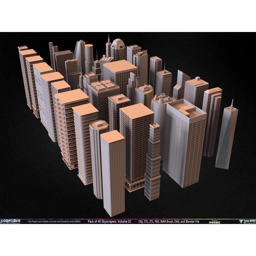 Pack of 40 Skyscrapers 3D Model – Low Poly Cityscape Asset, Blender, OBJ - View 4