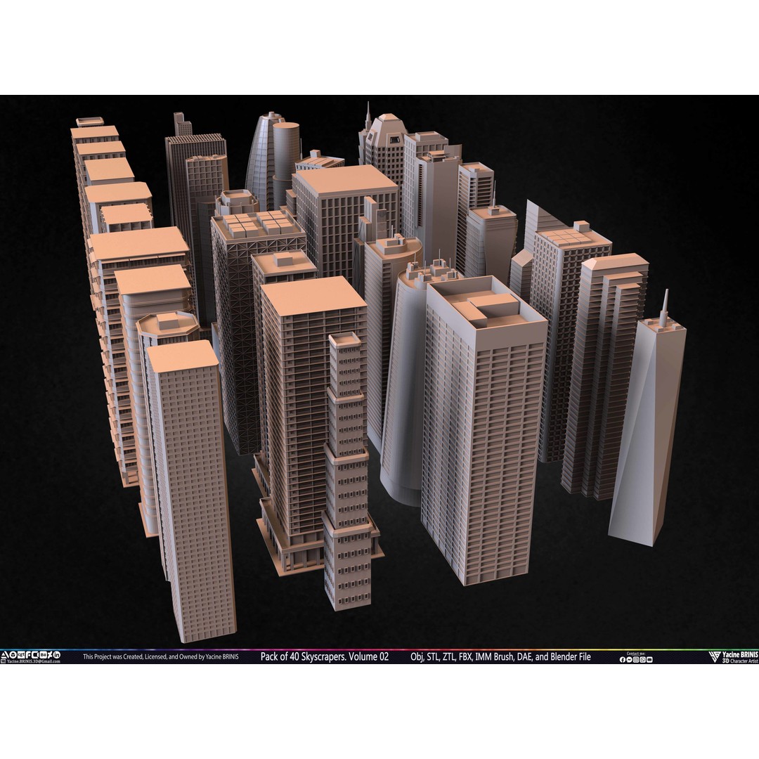 Pack of 40 Skyscrapers 3D Model – Low Poly Cityscape Asset, Blender, OBJ - View 5