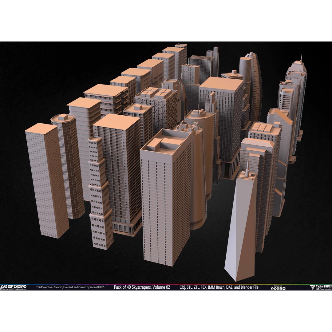 Pack of 40 Skyscrapers 3D Model – Low Poly Cityscape Asset, Blender, OBJ - View 6