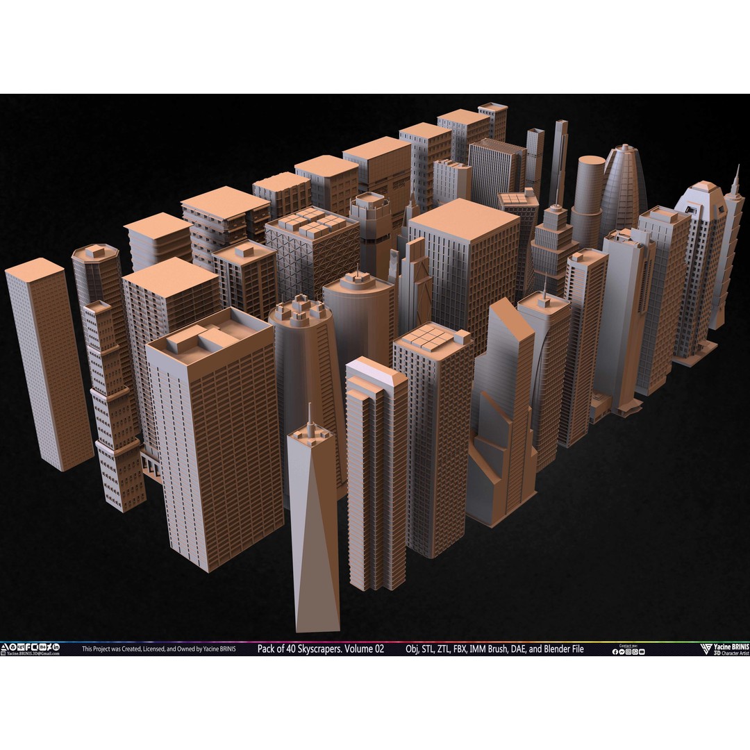 Pack of 40 Skyscrapers 3D Model – Low Poly Cityscape Asset, Blender, OBJ - View 7