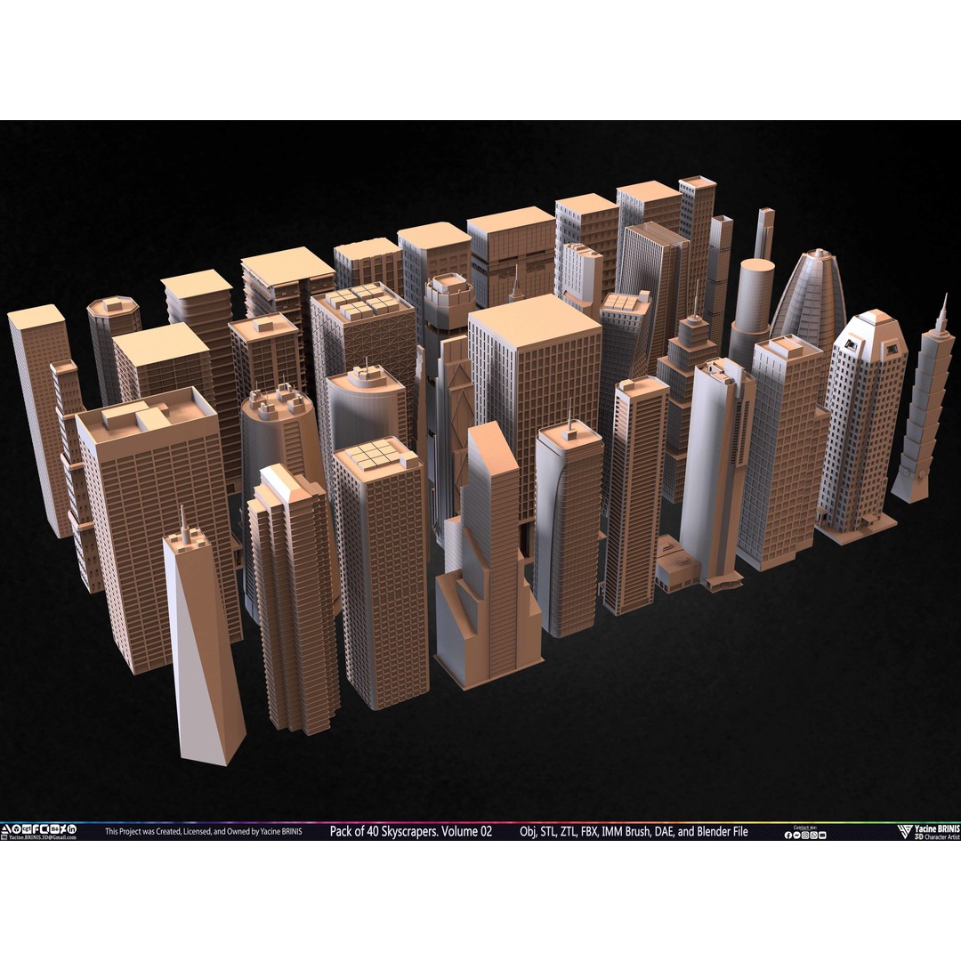 Pack of 40 Skyscrapers 3D Model – Low Poly Cityscape Asset, Blender, OBJ - View 8