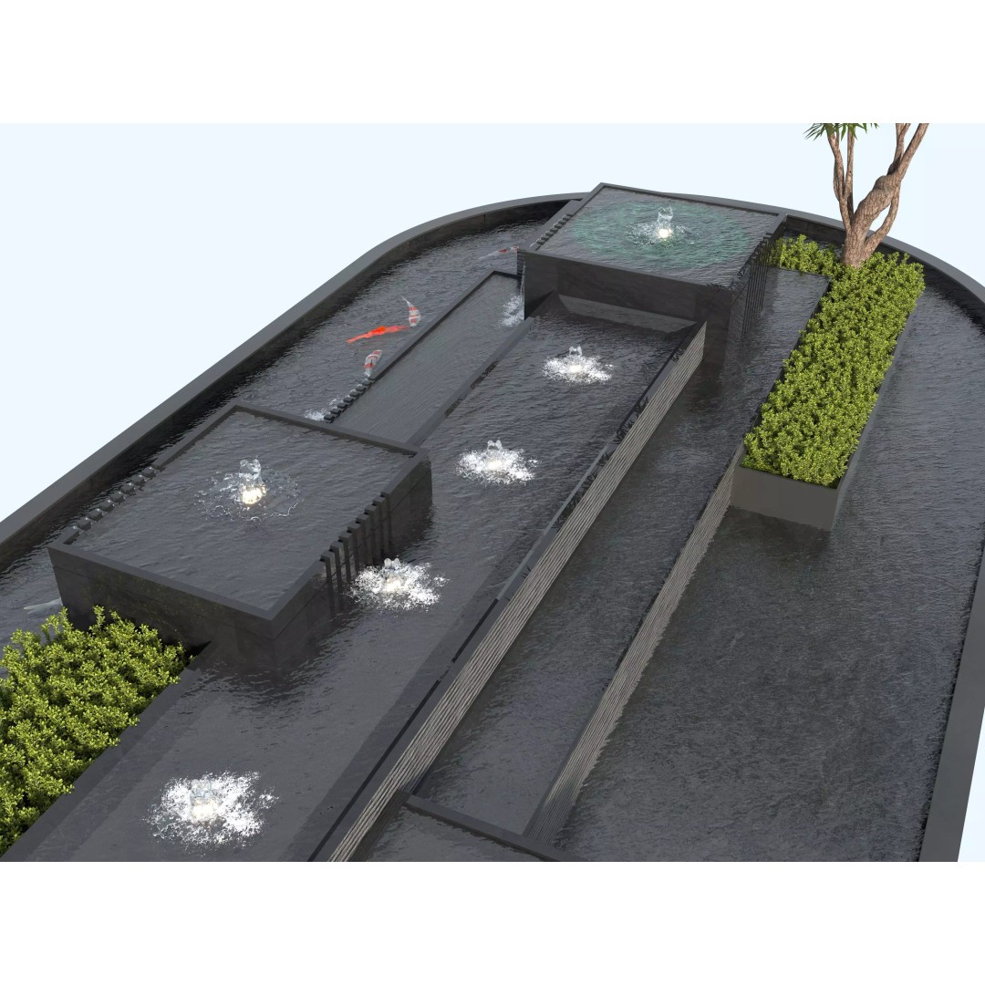 Waterfall Fountain 3D Model – Modern Landscape Design, FBX & OBJ - View 9