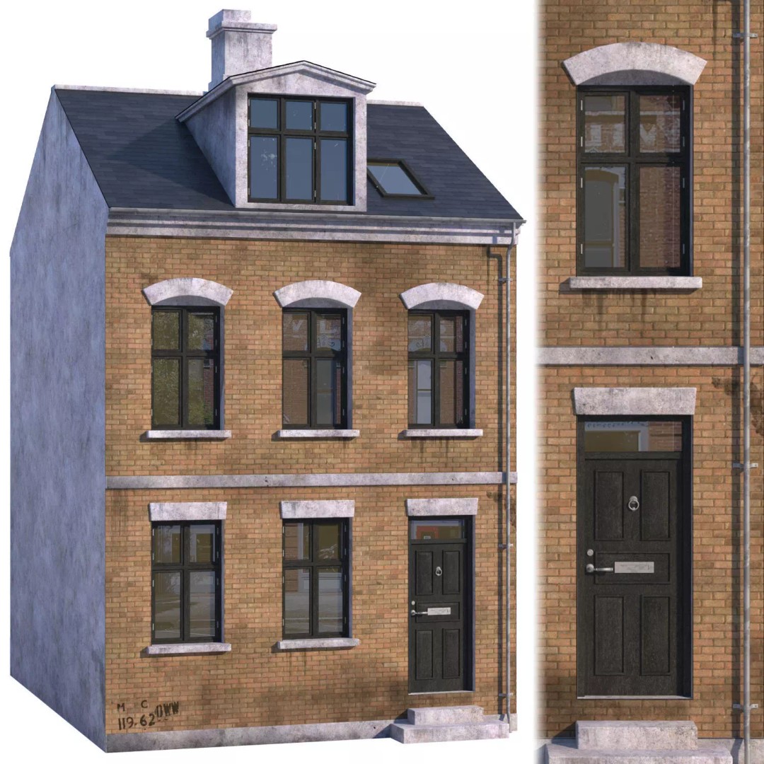 Old Brick Building 3D Model – Architectural Exterior with Textures - View 2