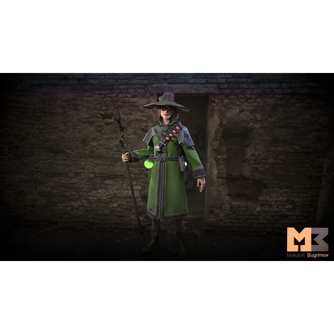 Fantasy Witch 3D Model – Low Poly Game Character, Rigged, PBR