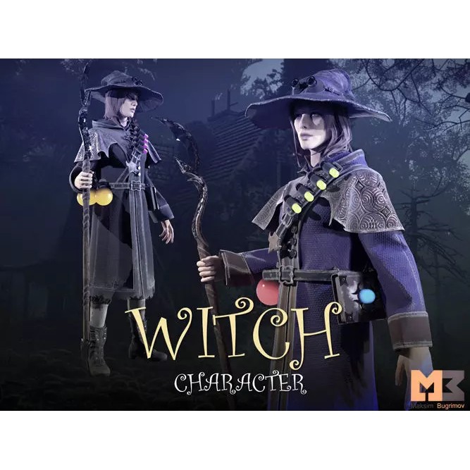 Fantasy Witch 3D Model – Low Poly Game Character, Rigged, PBR - View 2