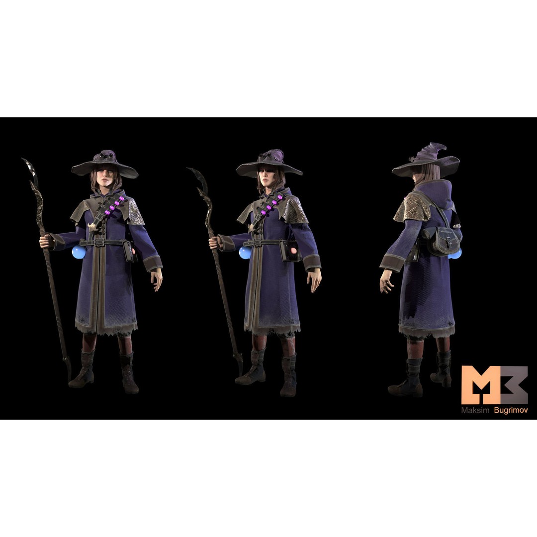 Fantasy Witch 3D Model – Low Poly Game Character, Rigged, PBR - View 3