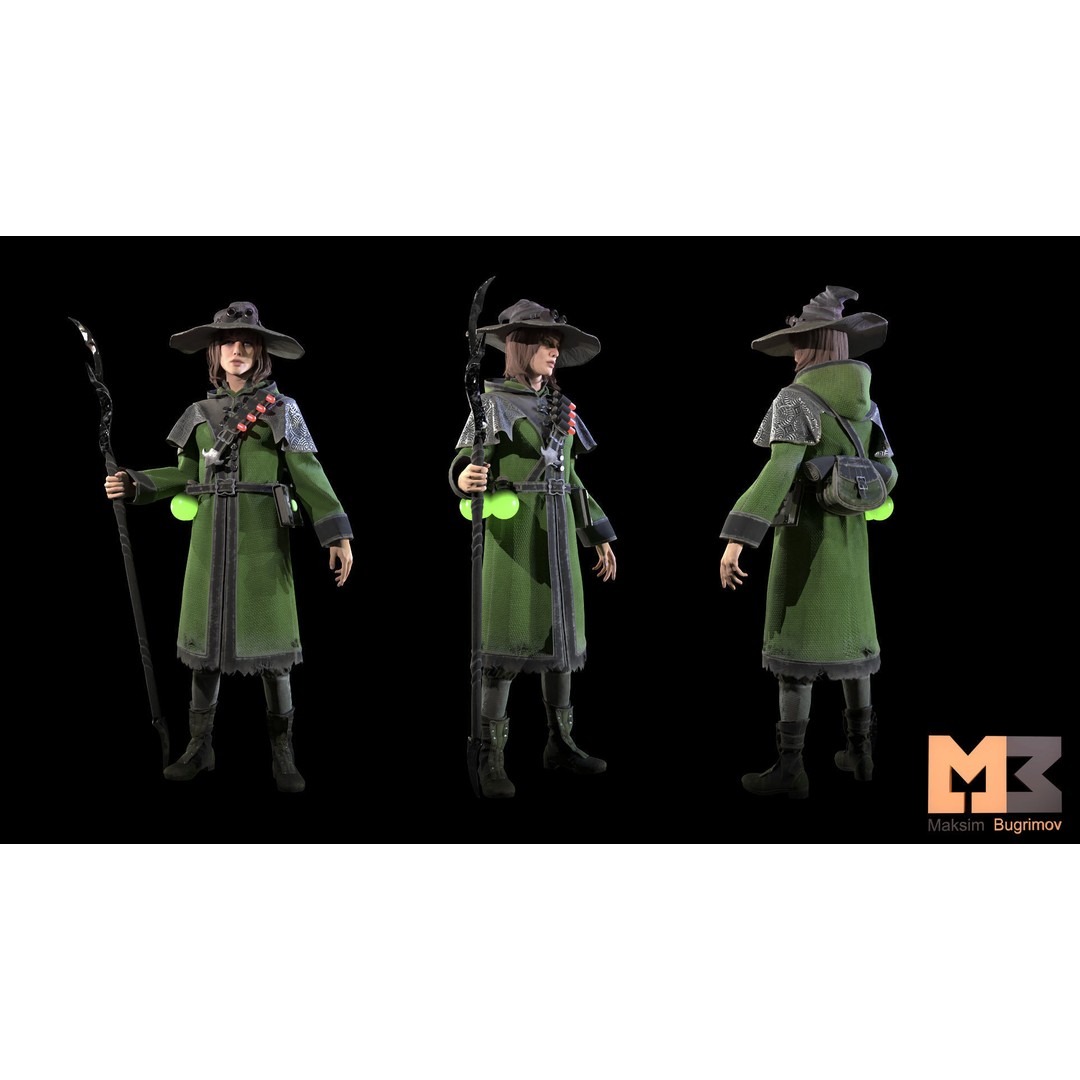 Fantasy Witch 3D Model – Low Poly Game Character, Rigged, PBR - View 4