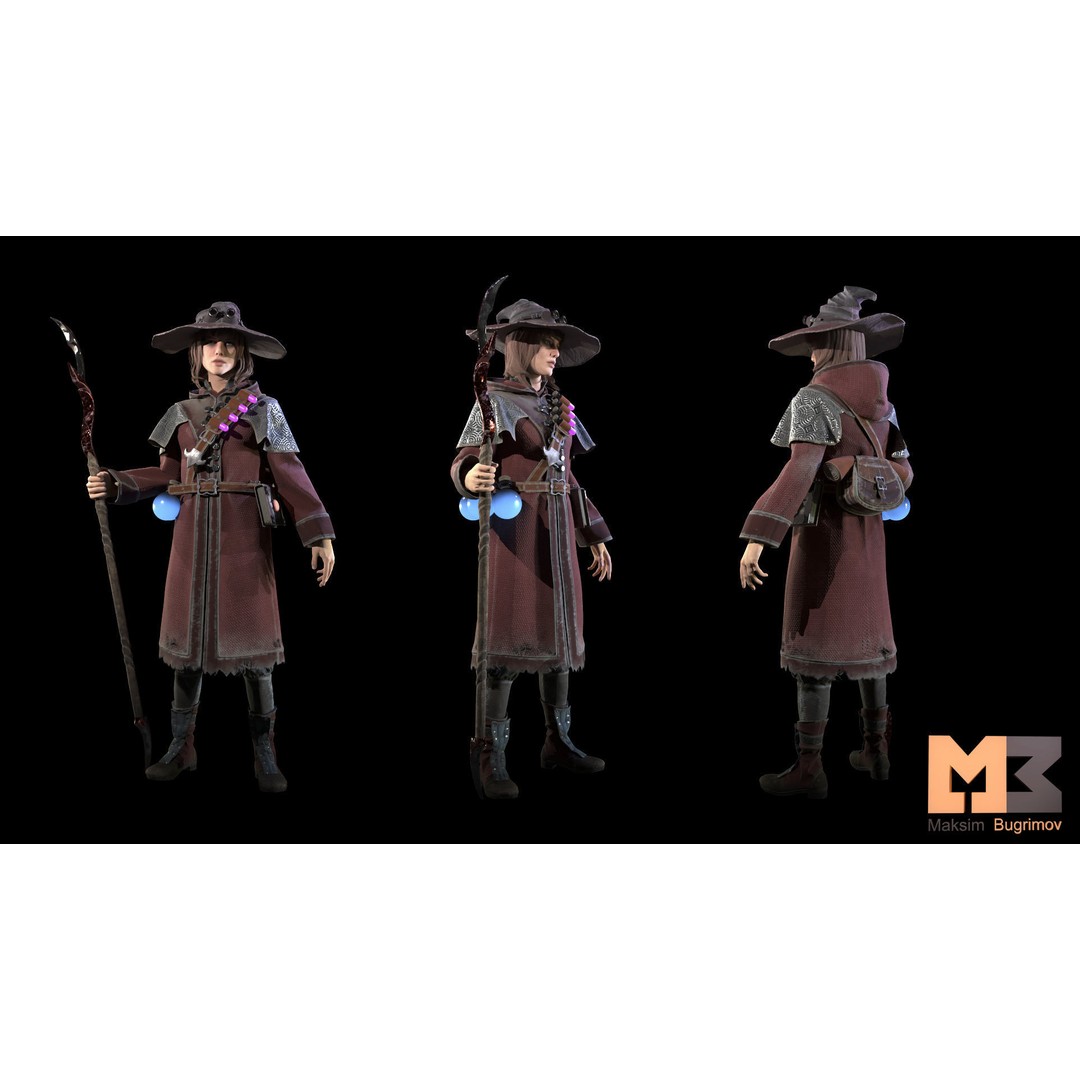 Fantasy Witch 3D Model – Low Poly Game Character, Rigged, PBR - View 5