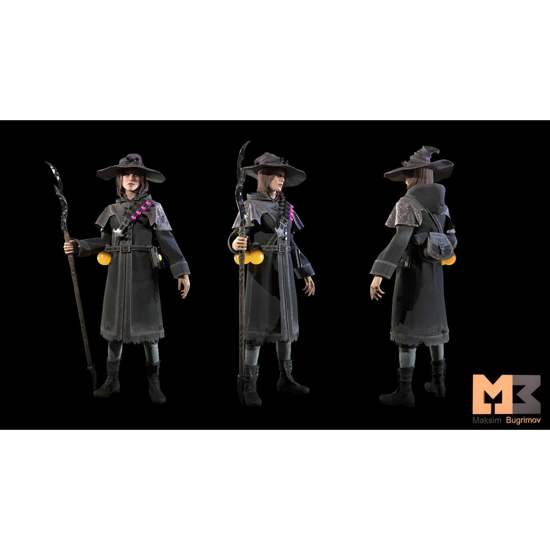Fantasy Witch 3D Model – Low Poly Game Character, Rigged, PBR - View 6