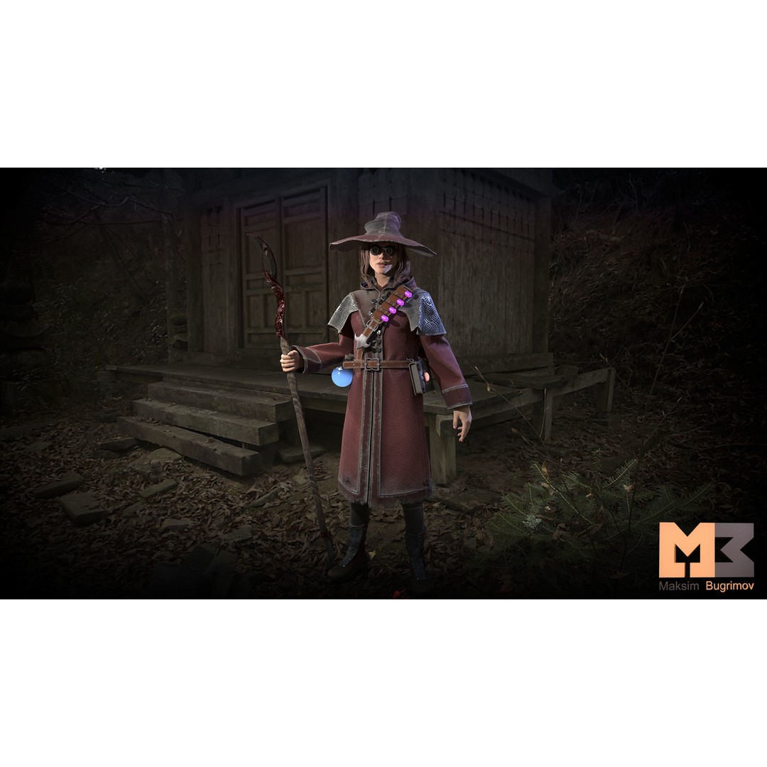 Fantasy Witch 3D Model – Low Poly Game Character, Rigged, PBR - View 8