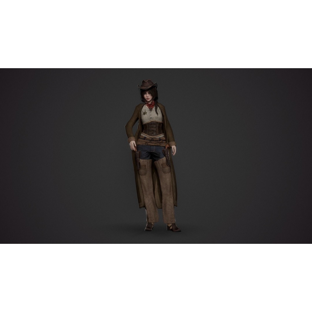 Cowboy Lady 3D Model – Low Poly Game-Ready Character with PBR Textures - View 10