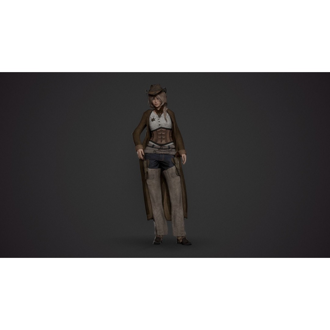 Cowboy Lady 3D Model – Low Poly Game-Ready Character with PBR Textures - View 12