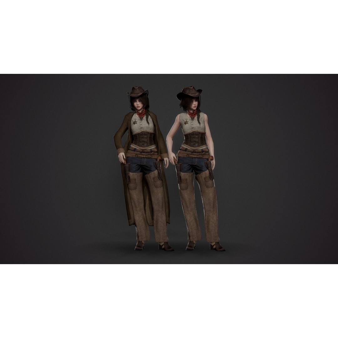 Cowboy Lady 3D Model – Low Poly Game-Ready Character with PBR Textures - View 3