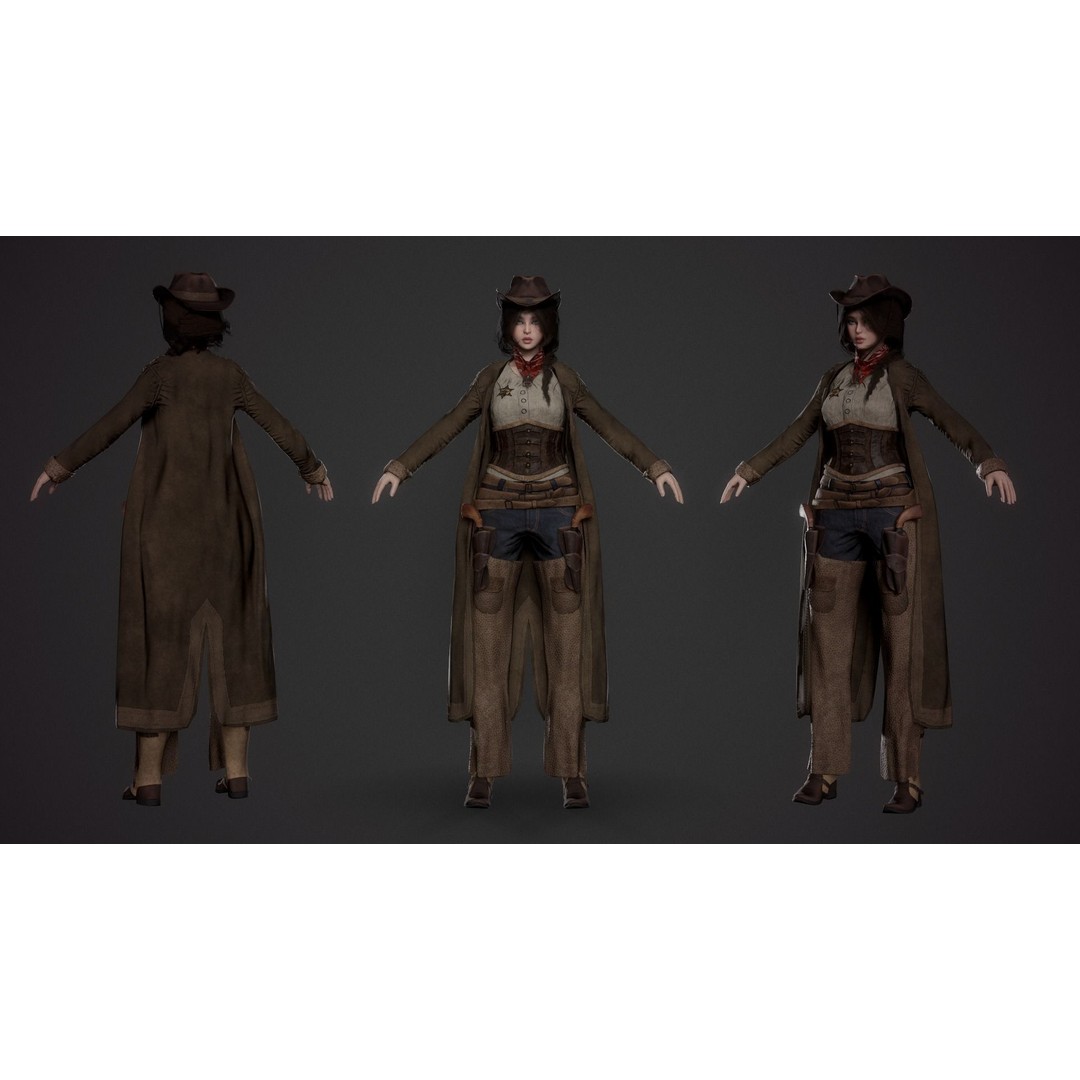 Cowboy Lady 3D Model – Low Poly Game-Ready Character with PBR Textures - View 4