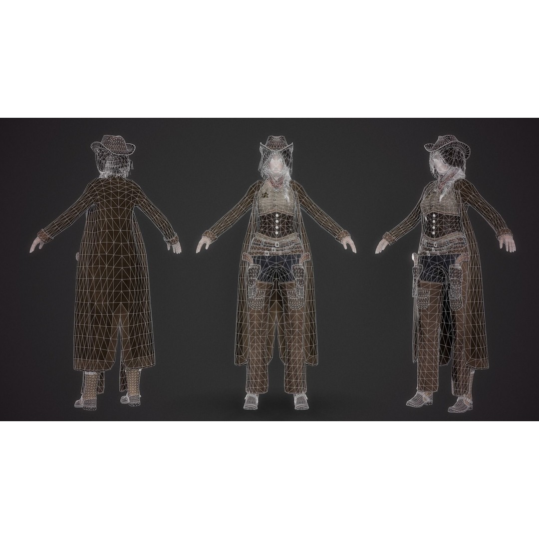 Cowboy Lady 3D Model – Low Poly Game-Ready Character with PBR Textures - View 5