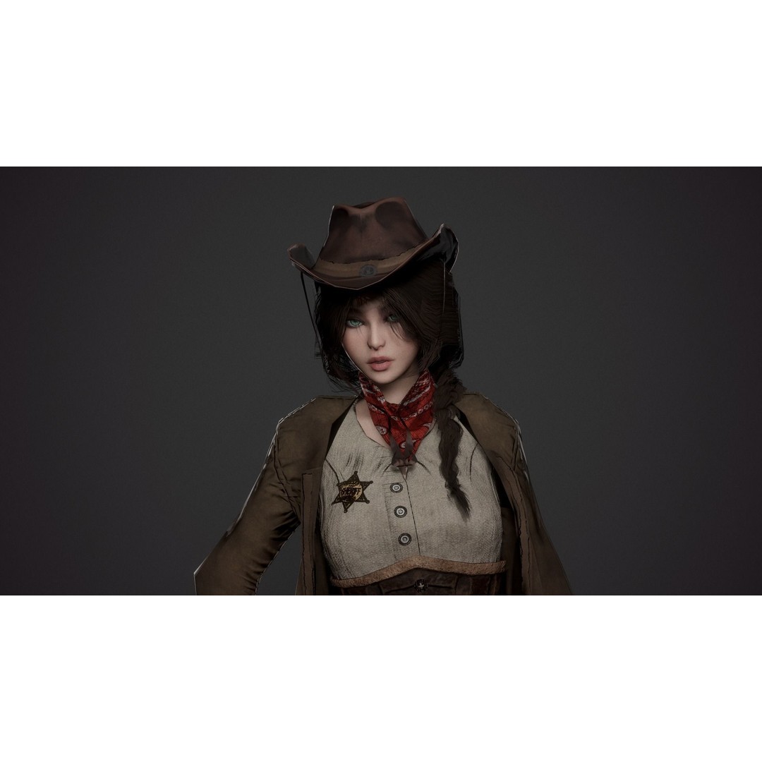 Cowboy Lady 3D Model – Low Poly Game-Ready Character with PBR Textures - View 7