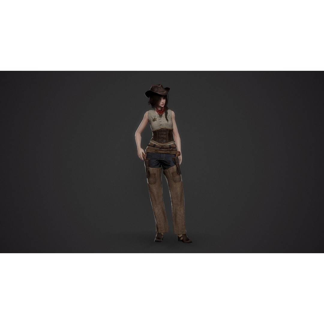 Cowboy Lady 3D Model – Low Poly Game-Ready Character with PBR Textures - View 8