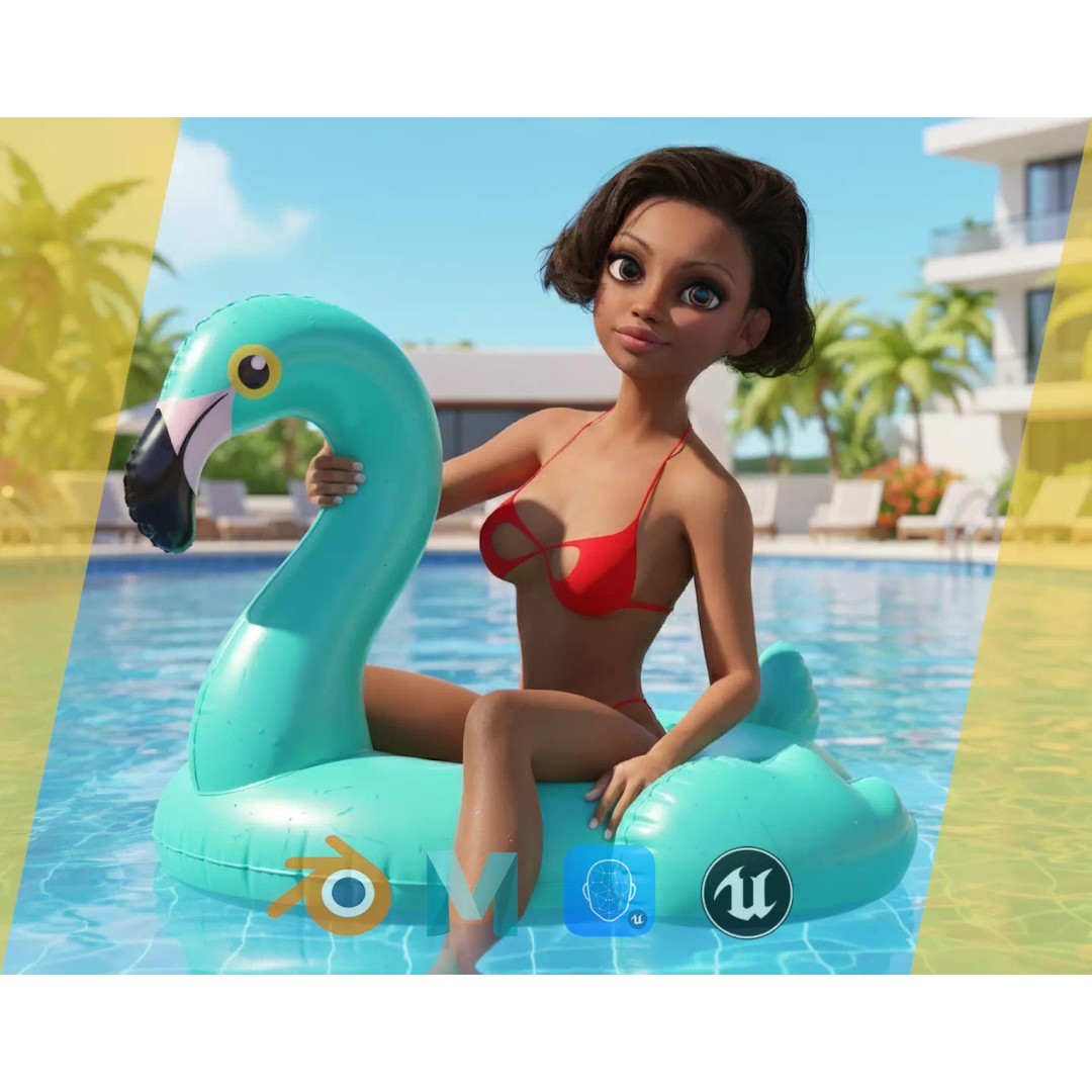 Afro American Female Character 3D Model – Low Poly Toon Design, Rigged - View 2