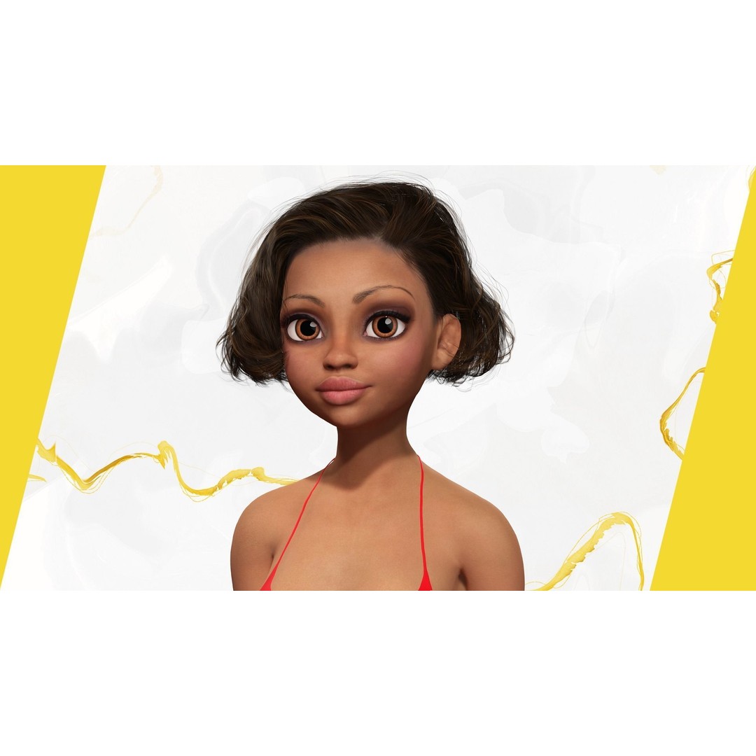 Afro American Female Character 3D Model – Low Poly Toon Design, Rigged - View 3