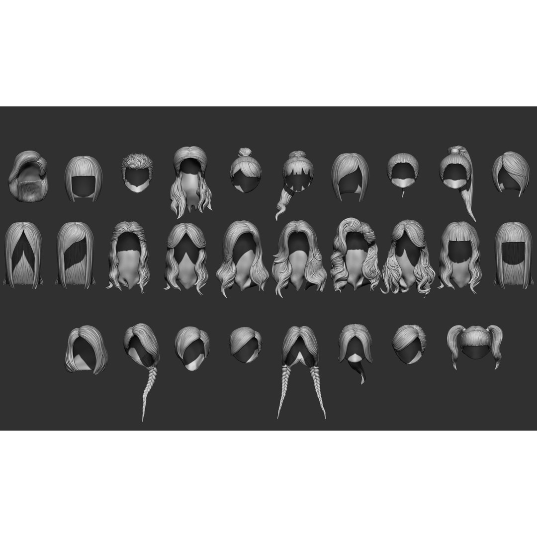 Female Hair 3D Model – High Poly Collection, ZTL, OBJ, STL