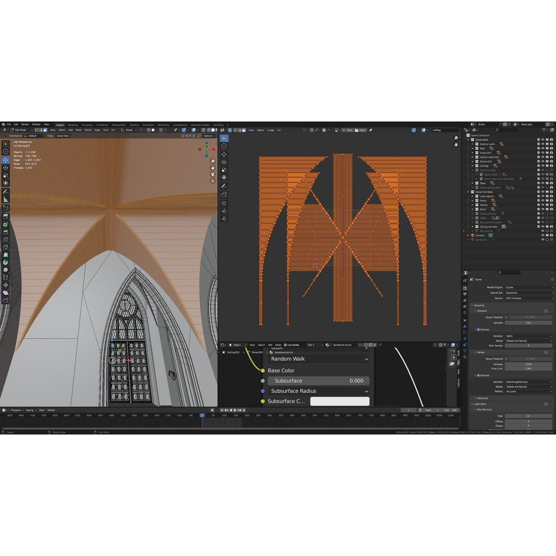 Classic Great Hall 3D Model – Low Poly Church with Interior, Blender