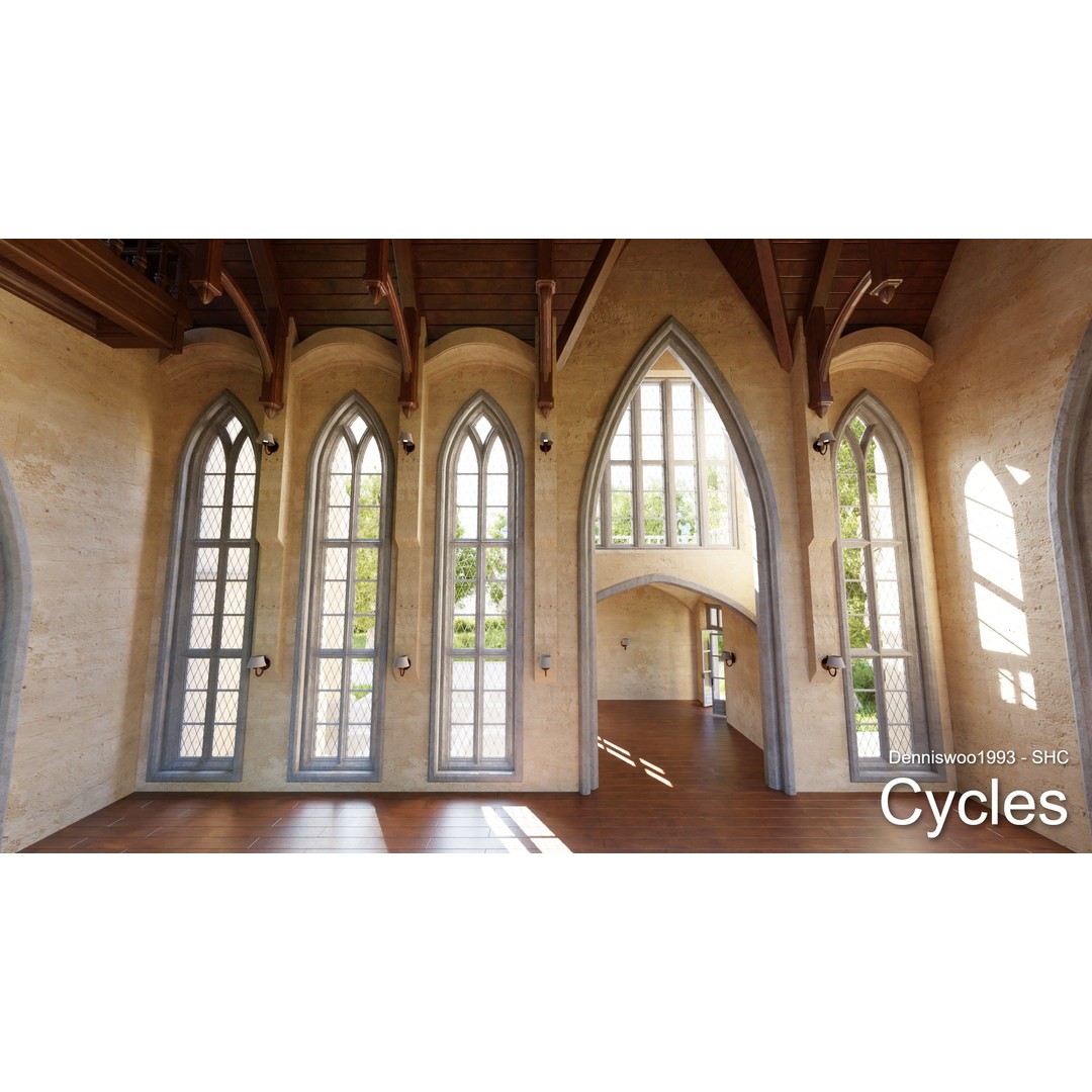 Classic Great Hall 3D Model – Low Poly Church with Interior, Blender - View 11