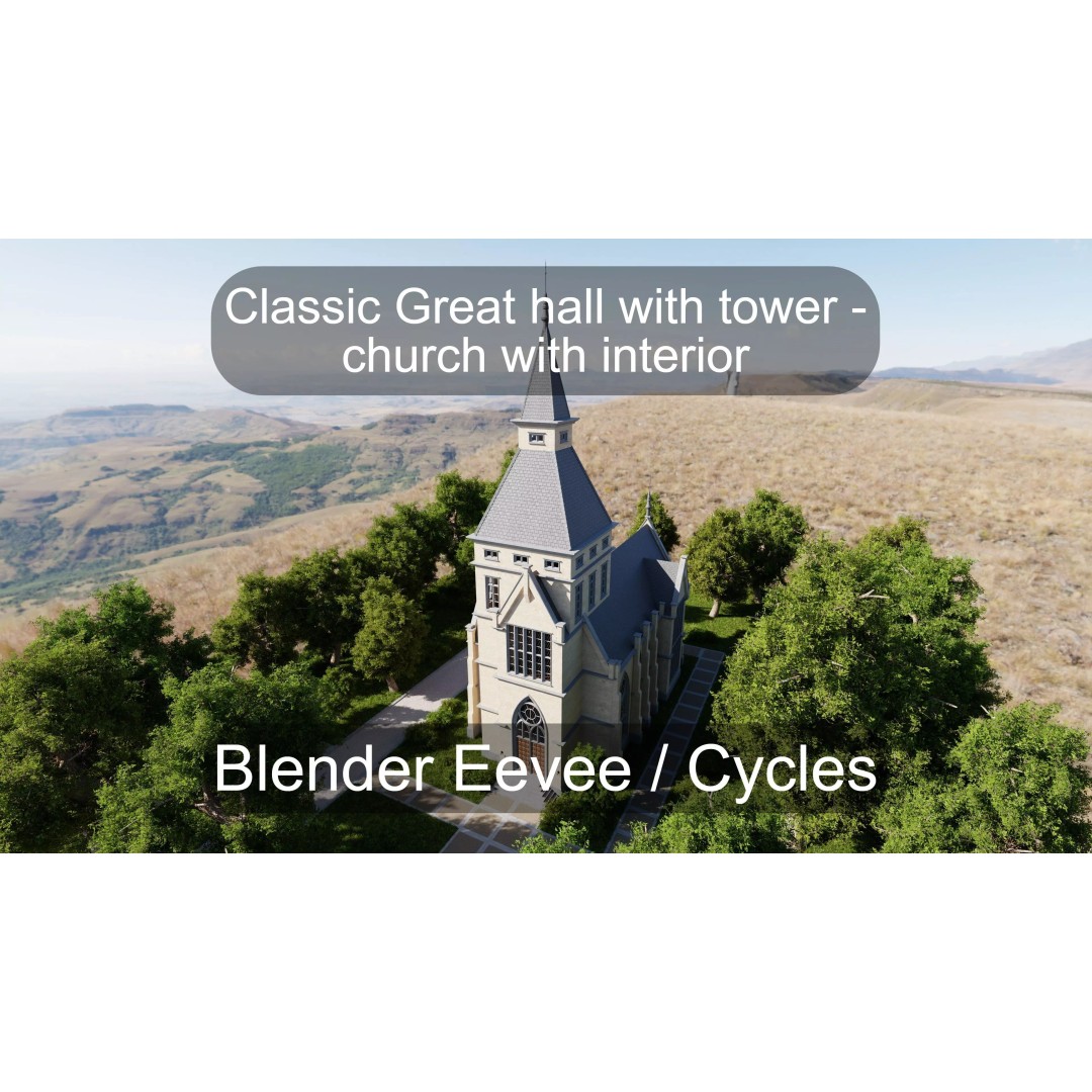 Classic Great Hall 3D Model – Low Poly Church with Interior, Blender - View 2
